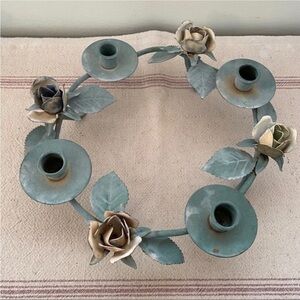 Vintage green floral metal centerpiece candle holder 13" across